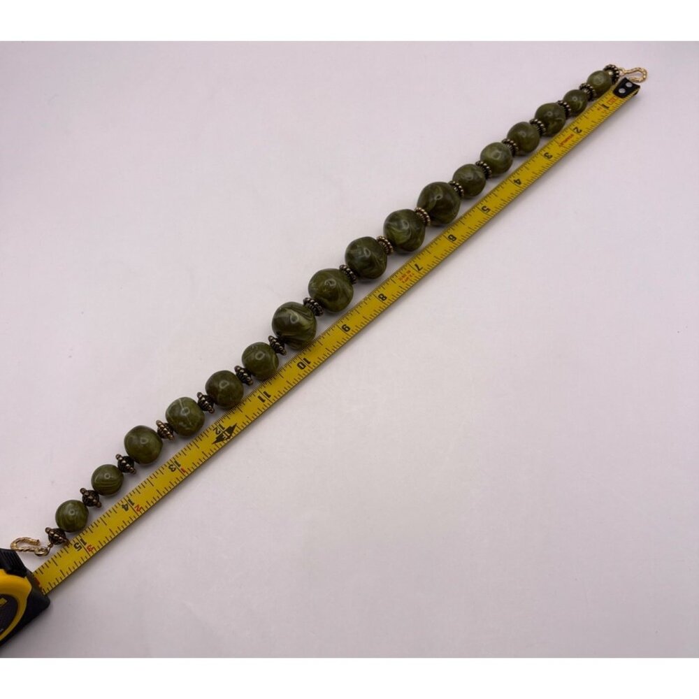 Chunky Olive Green Swirled Bead Necklace with Gold Tone Accents Bold Statement - Picture 3 of 7